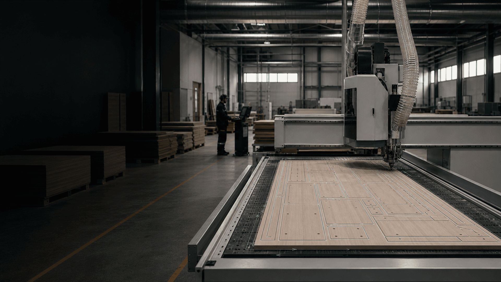 Концептуальный кадр CNC-нестинга полного листа с цифровой картой деталей